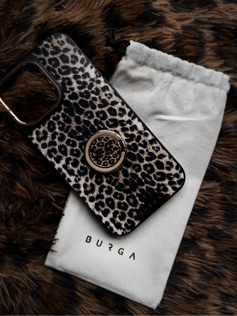 BURGA Leopard Print iPhone 16 Pro Max Case with Ring Holder - Black & Tan